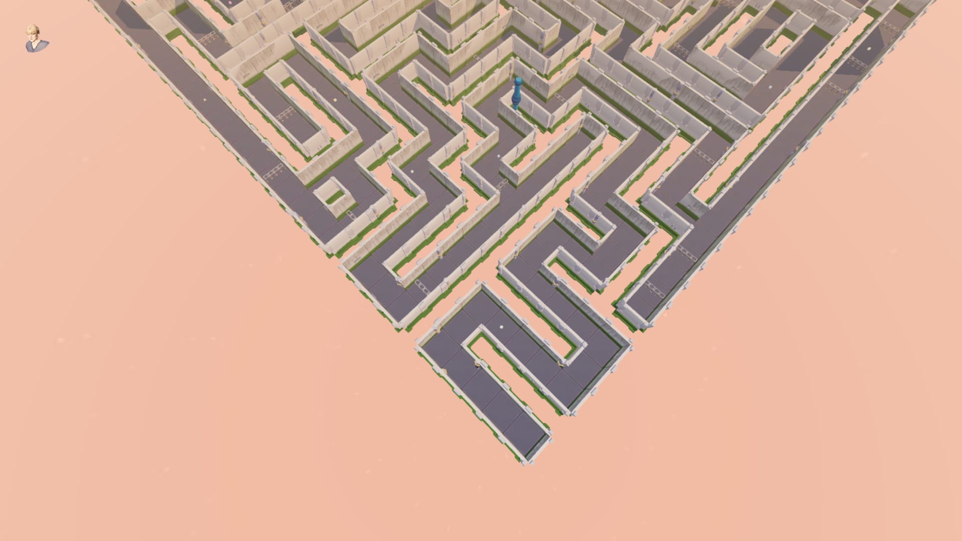 The maze arena from above at dusk: dozens of walled corridors folding back on themselves, one small blue figure standing in one of them.