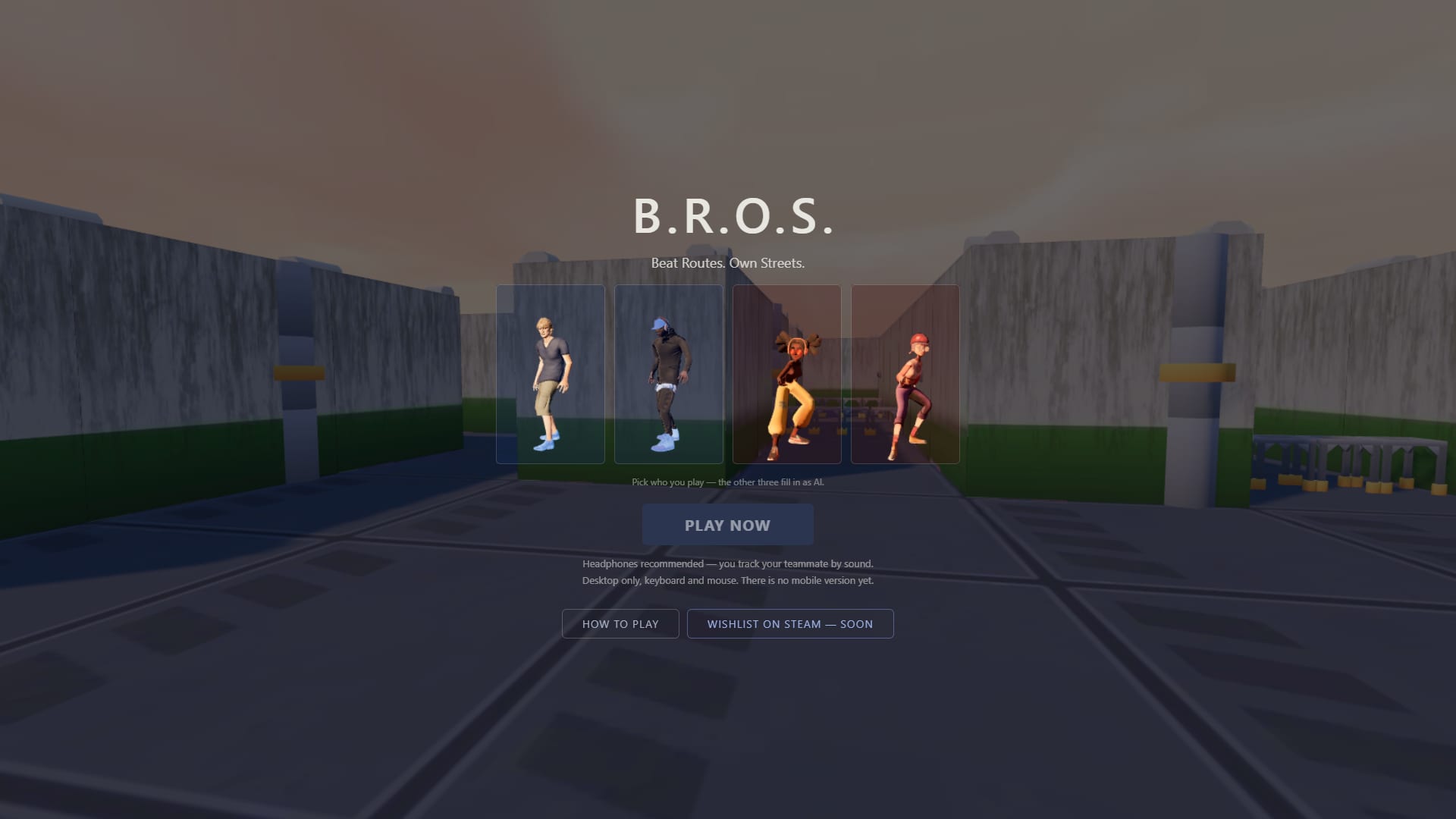 The demo opening screen: the B.R.O.S. wordmark over four character tiles, two edged blue and two edged red.