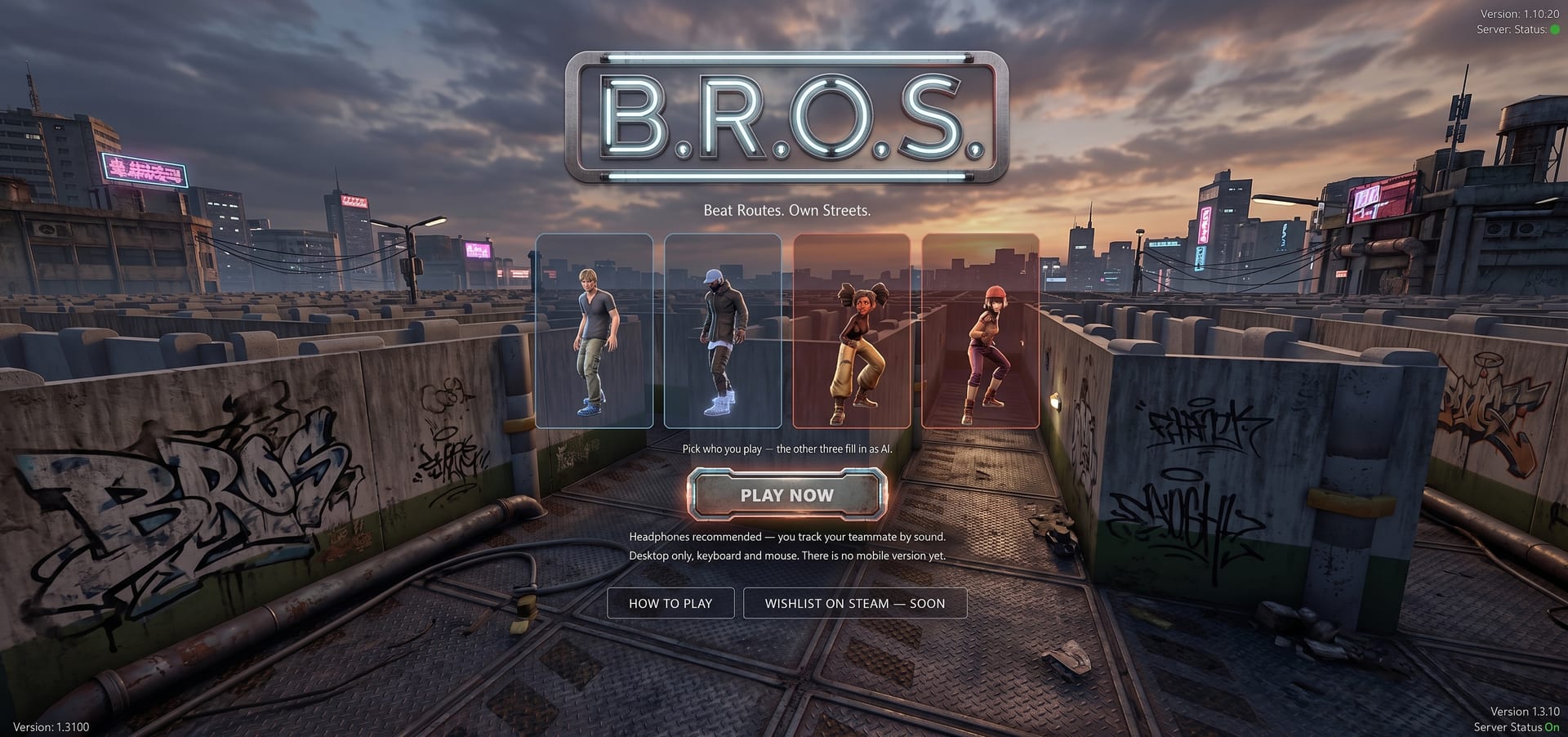 The demo opening screen: the B.R.O.S. wordmark over four character tiles, two edged blue and two edged red.