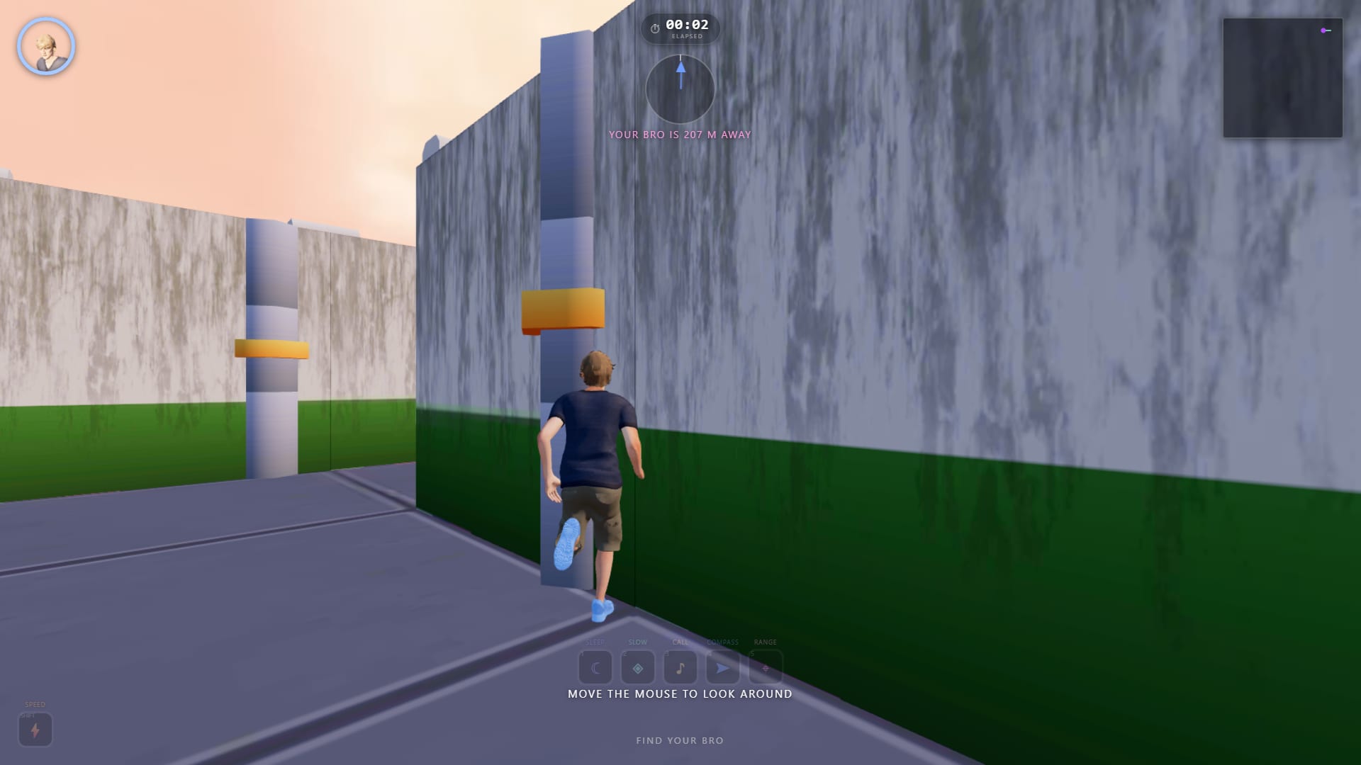 Third-person view down a narrow maze corridor, low afternoon sun raking across the wall.