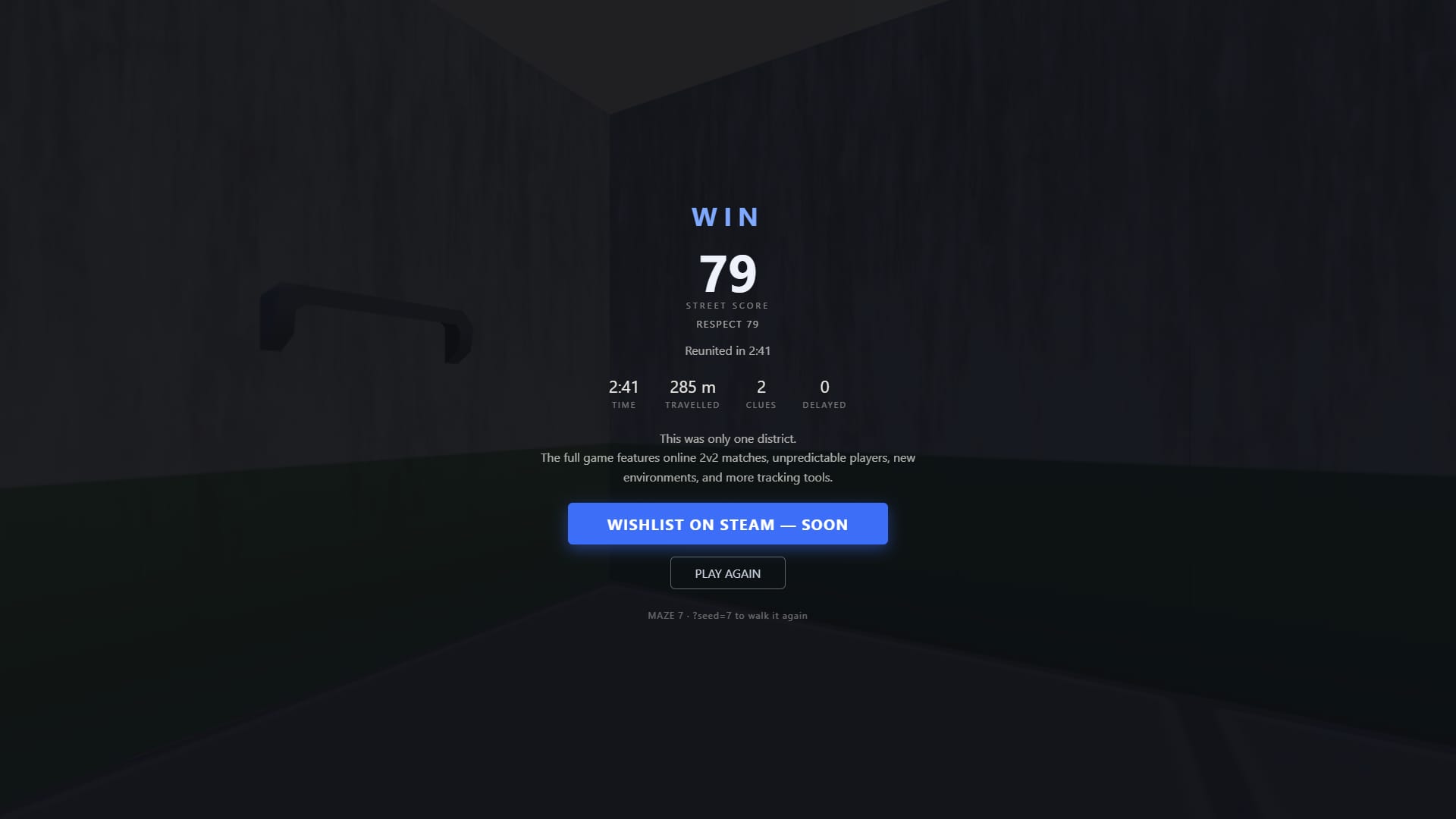 The end-of-match screen showing WIN, a STREET SCORE and the match statistics beneath it.