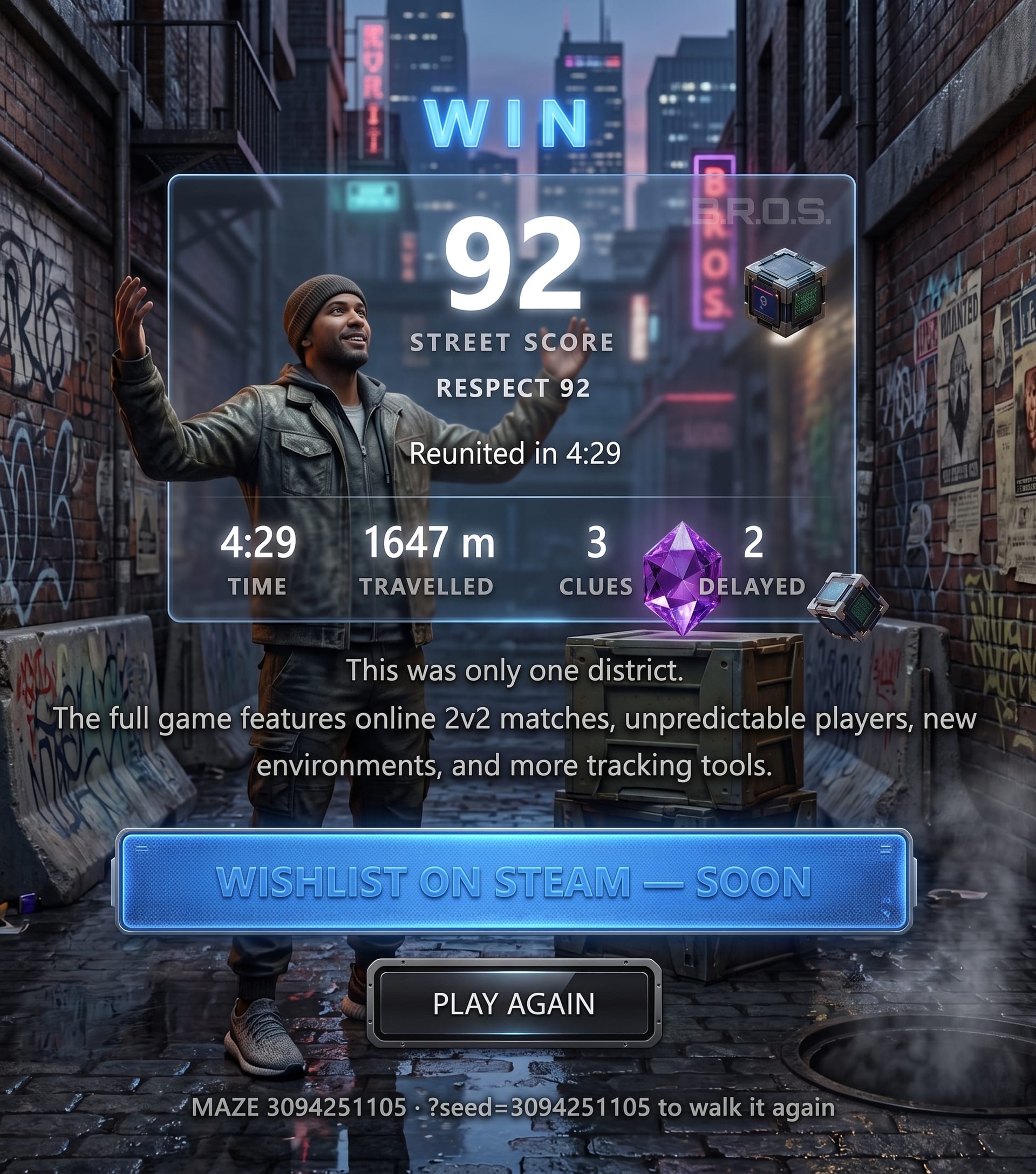 The end-of-match screen showing WIN, a STREET SCORE and the match statistics beneath it.